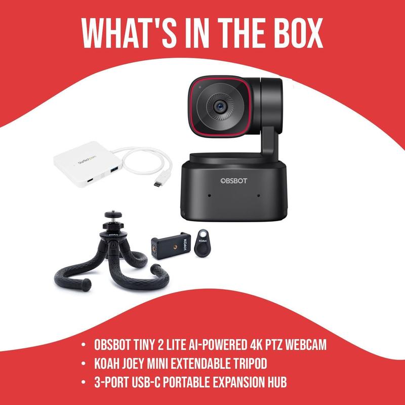 Webcam OBSBOT Tiny 2 Lite AI 4K PTZ com Tripé e Hub - Câmera de